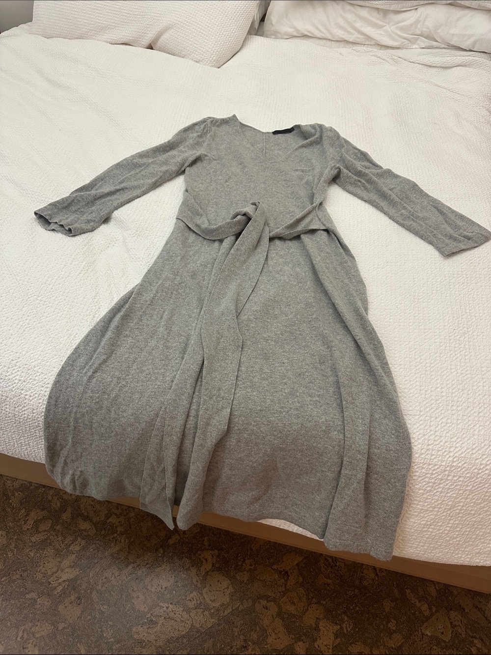 Jenni Kayne Light Gray Wool Blend Long-Sleeve Wrap Midi Dress
